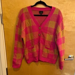 Lumiere Hot Pink & Mustard Plaid V-Neck Cardigan Medium